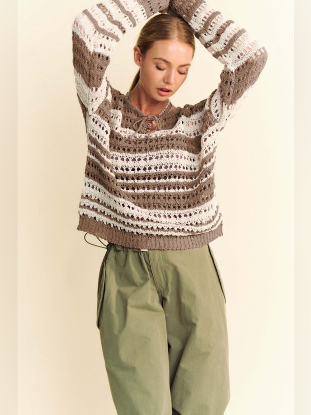 Davi & Dani Contrast Striped Crochet Drop Shoulder Knit Cover Up